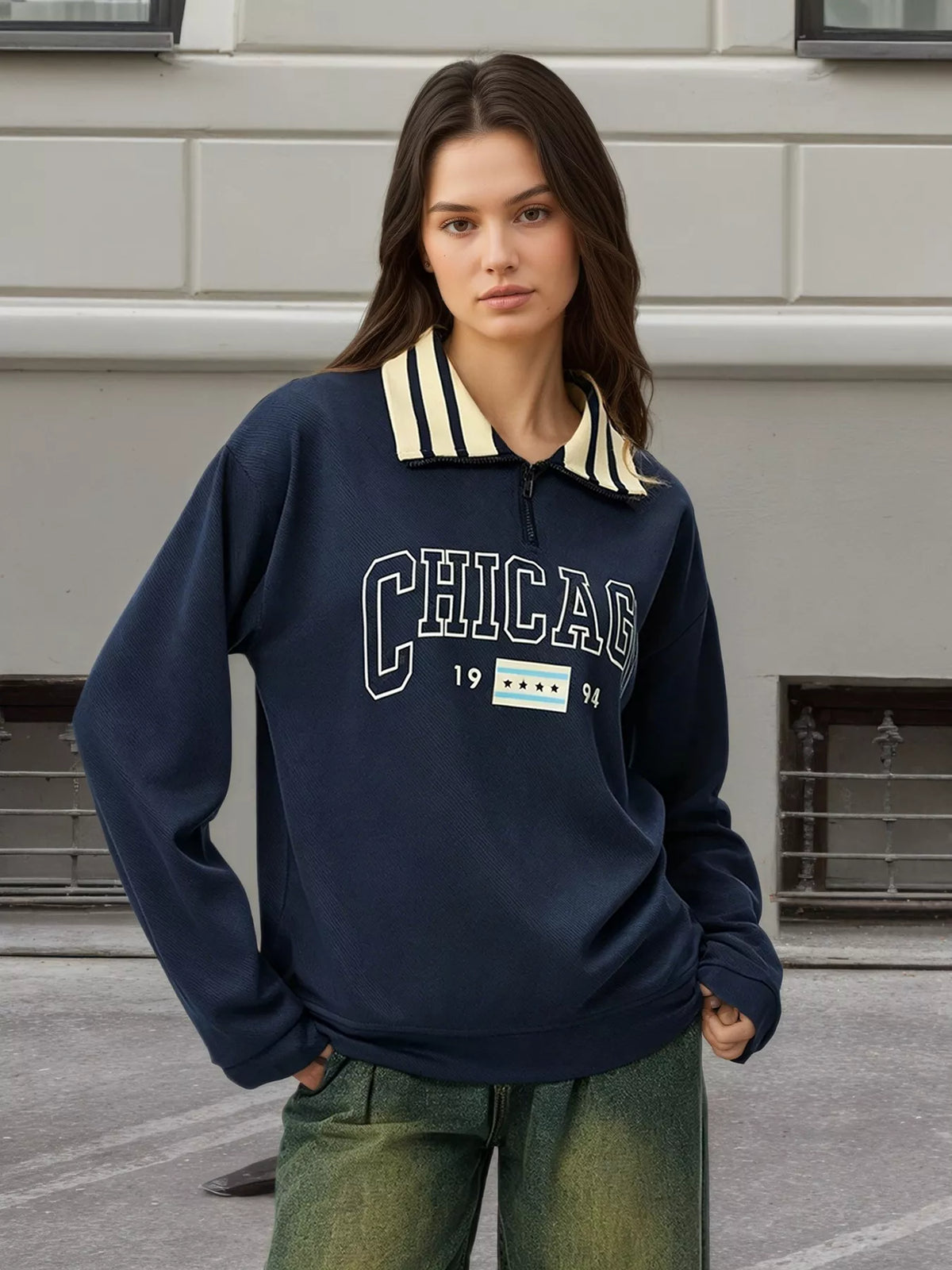 Sunday Sage Graphic Striped Collar Sweatshirt