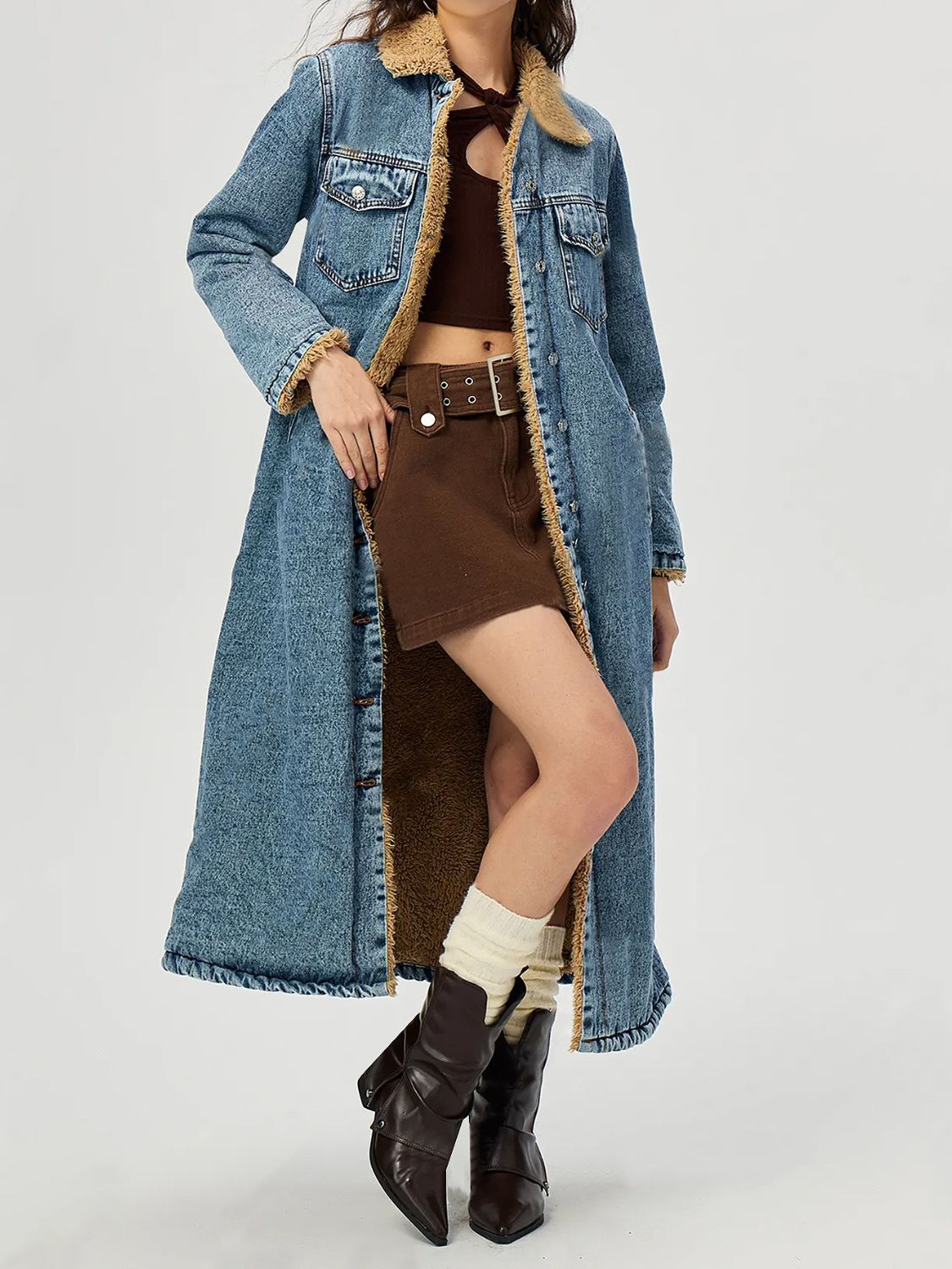 Beverly-Amory Pocketed Button Up Denim Jacket with Fur Lining