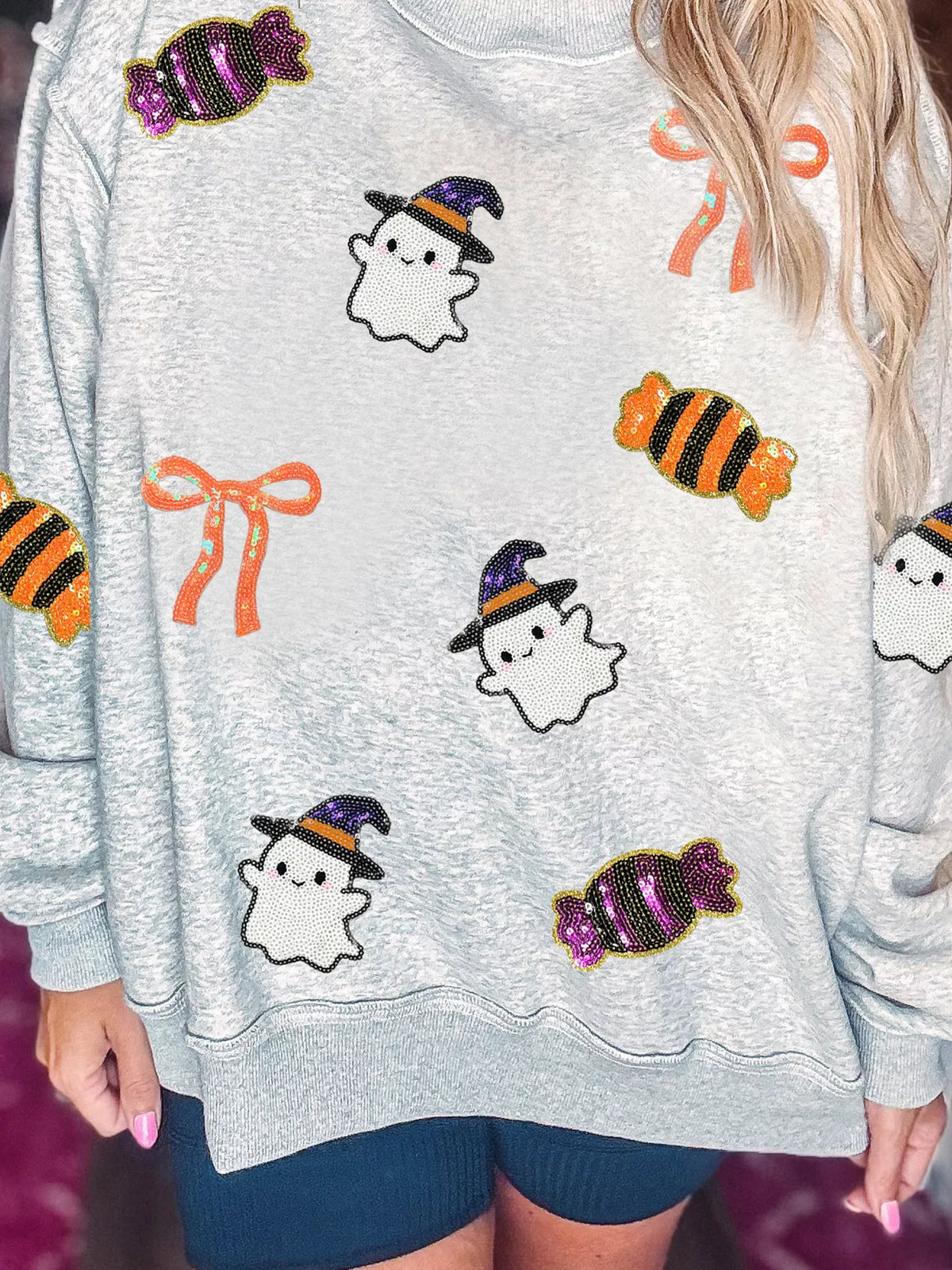 Halle Joy Halloween Sequin Ghost Candy Pullover Sweatshirt