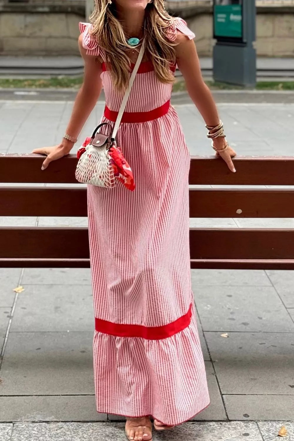 Peppermint Patty Bow Knot Straps  High Waist Ruffle Hem Maxi Dress