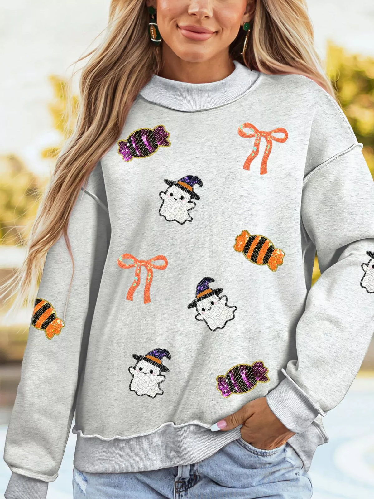 Halle Joy Halloween Sequin Ghost Candy Pullover Sweatshirt