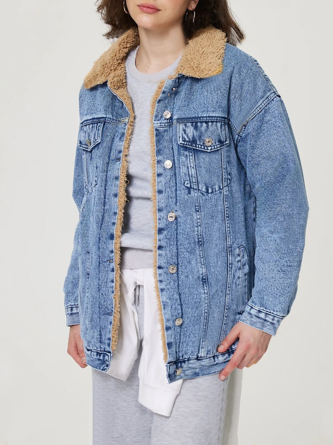 Beverly-Reese Button Up Collared Neck Plush Denim Jacket