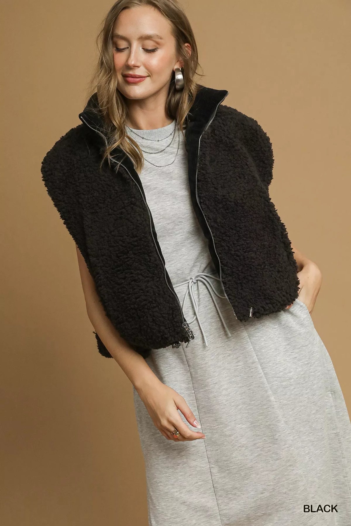 Vivian Sherpa-Lined Zip Vest with Drawstring Hem