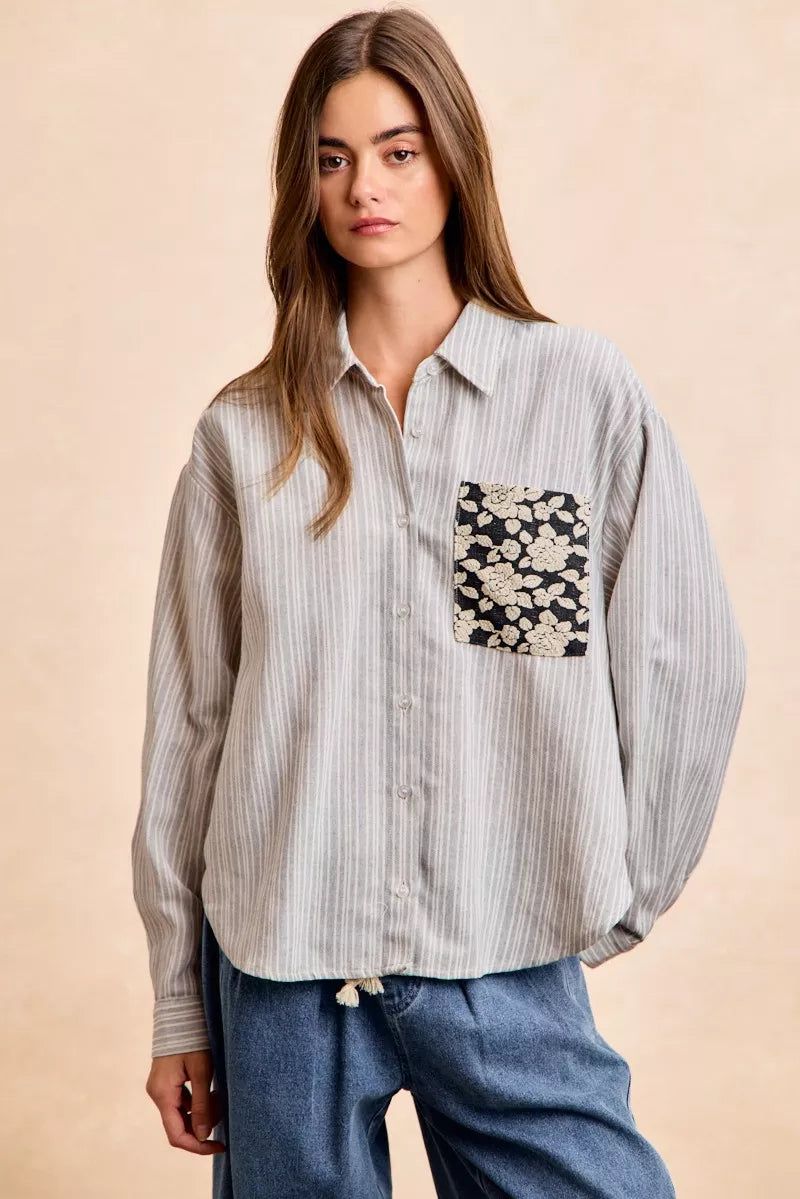 Breigha Flower Jacquard Knit Patch Pocket Stripe Shirt