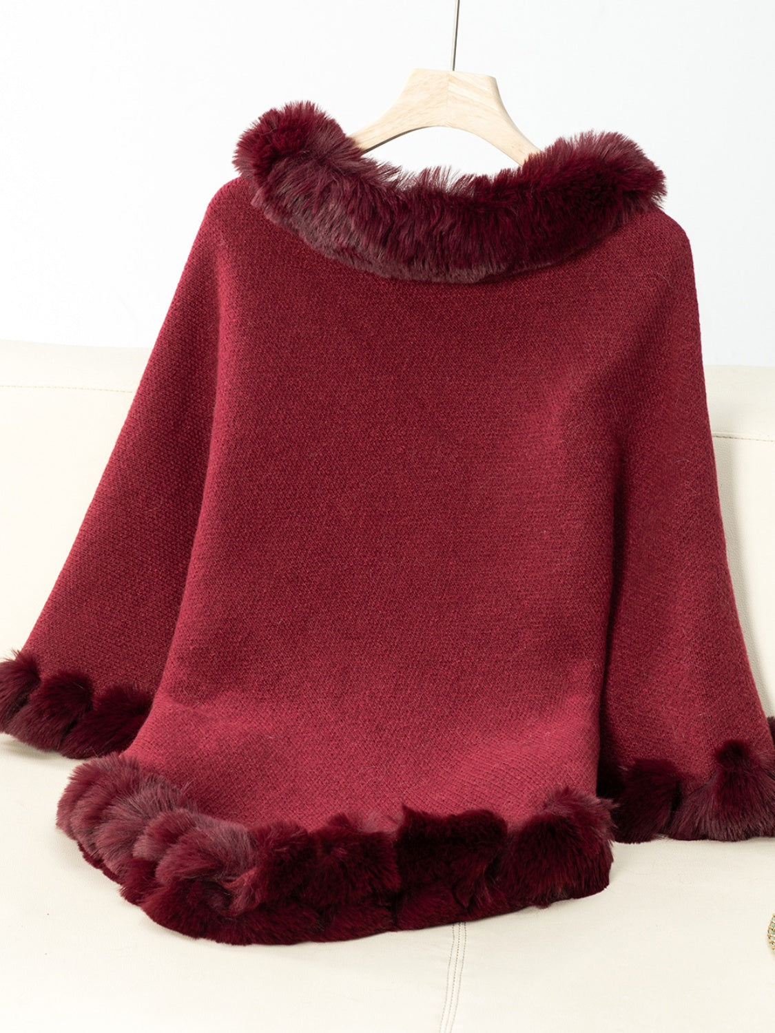 Flory Fuzzy Trim Texture Three-Quarter Sleeve Poncho- Multiple Color Options