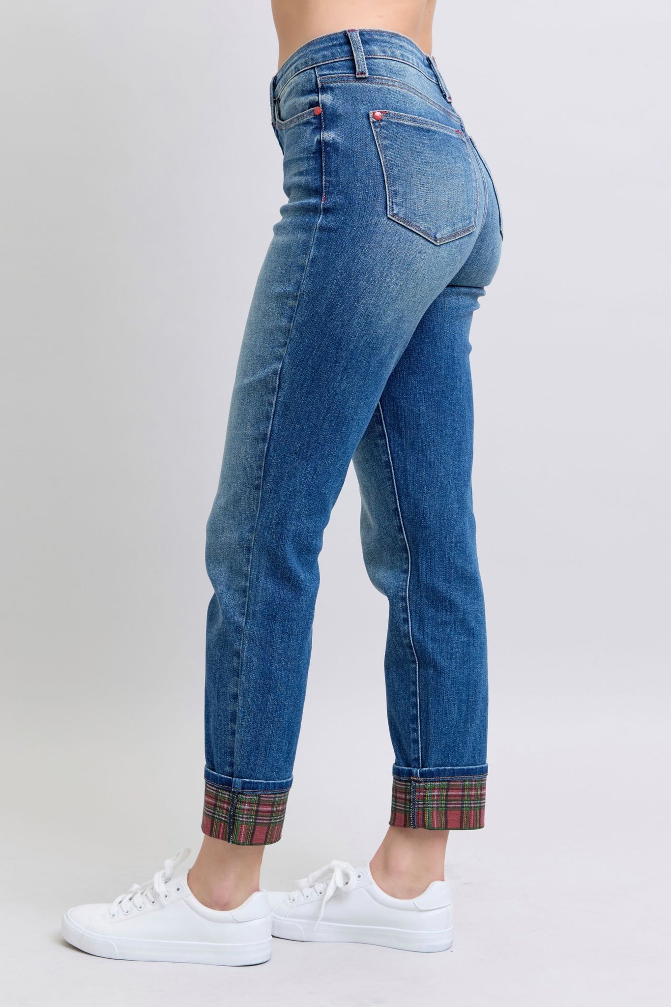 Pari Plaid Print Cuff Straight Leg Jeans with Pockets