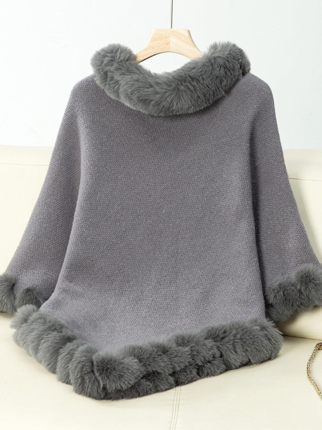 Flory Fuzzy Trim Texture Three-Quarter Sleeve Poncho- Multiple Color Options