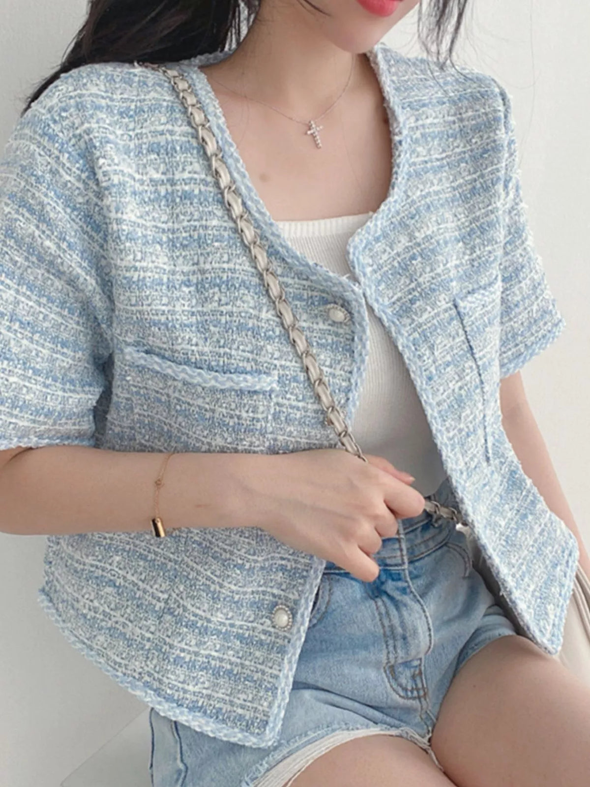 Eloise ElainePearl Button Short Sleeve Tweed Top-Multiple Colors!