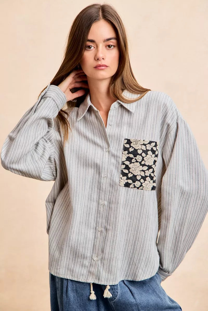 Breigha Flower Jacquard Knit Patch Pocket Stripe Shirt