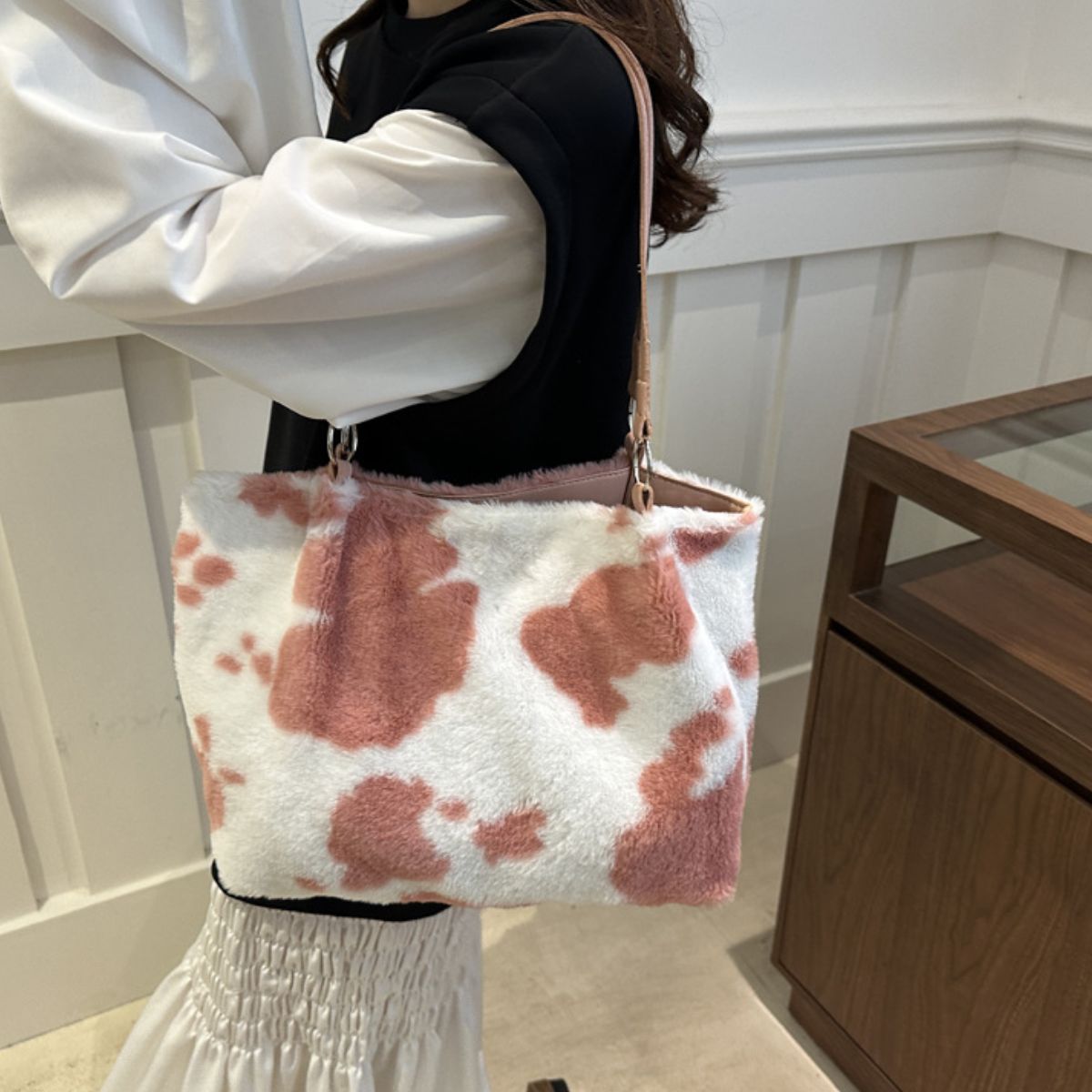 Maisie Cow Print Furry Tote Bag-Multiple Color Options