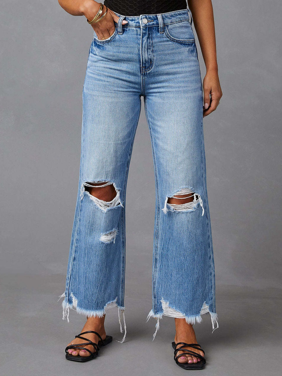 Blossom Distressed Raw Hem Jeans with Pockets