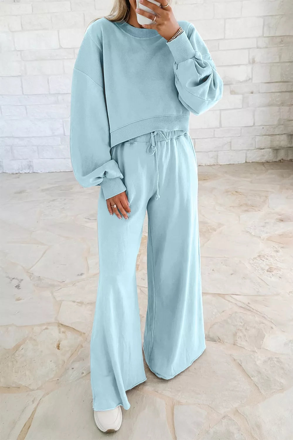Blueberry Belle Puff Sleeve Crop Pullover Wide Leg Pants Set