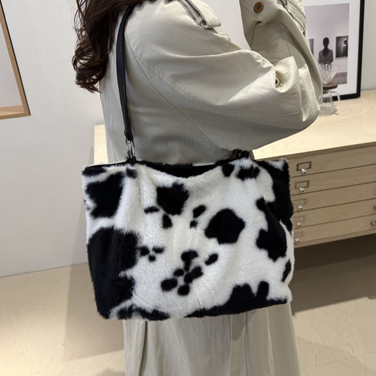 Maisie Cow Print Furry Tote Bag-Multiple Color Options